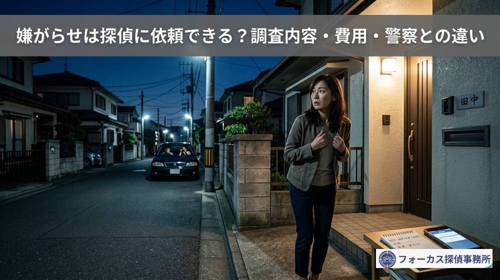 夜の住宅街で嫌がらせ被害に不安を感じながら記録を確認する女性のイメージ