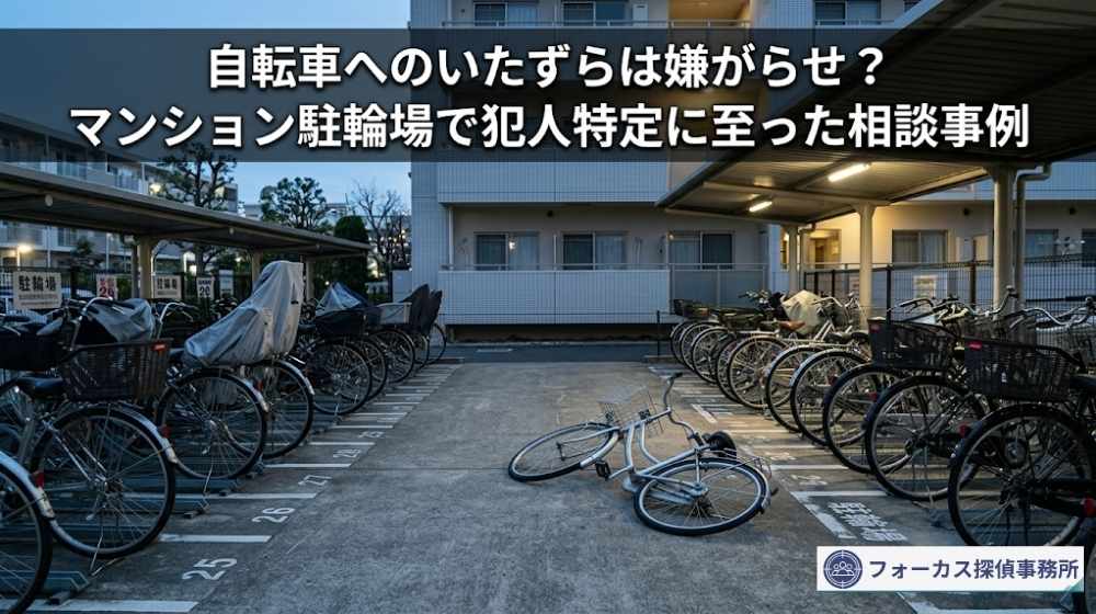 マンション駐輪場で倒された自転車を表現した嫌がらせ被害のイメージ画像
