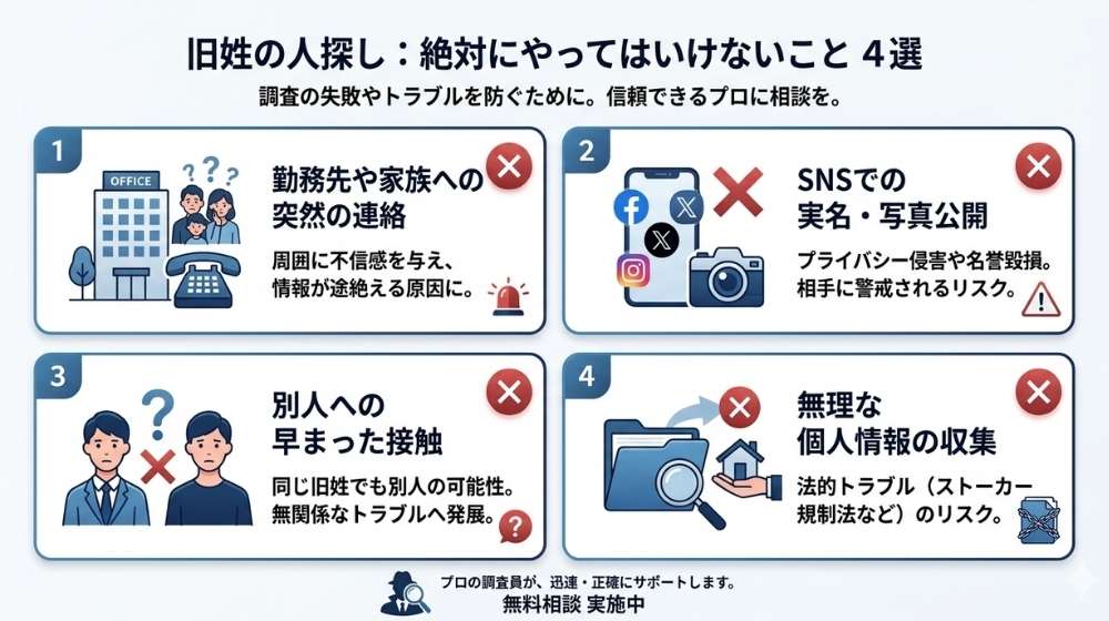 旧姓しかわからない人探しで避けるべき行動をまとめた注意喚起図解