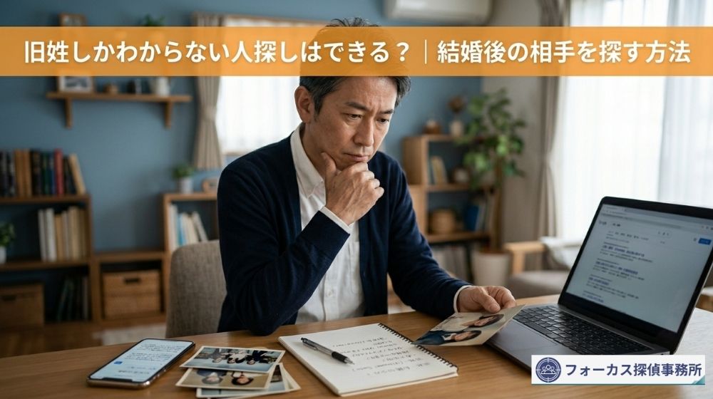 旧姓しかわからない相手を探すために情報を整理する人物のイメージ
