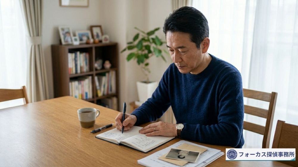 旧姓しかわからない相手の相談前に情報を整理しているイメージ