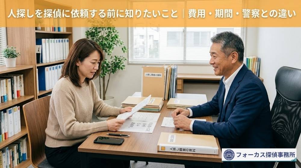 探偵事務所で相談者が探偵に人探しの相談をしている様子。