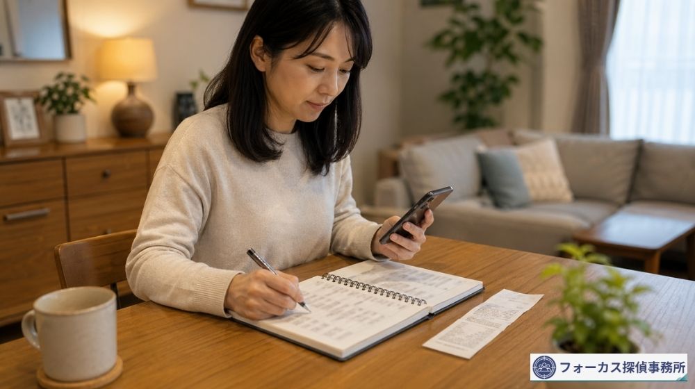 店員のつきまといが不安なときに日時や状況を記録する女性