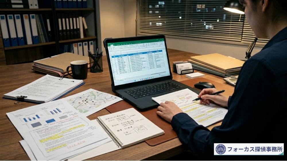 人探しの再調査で複数情報を整理しているイメージ