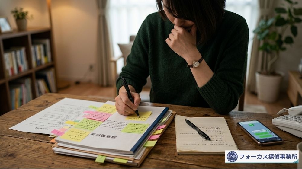 以前の探偵報告書を読み返し疑問点を整理する相談者のイメージ