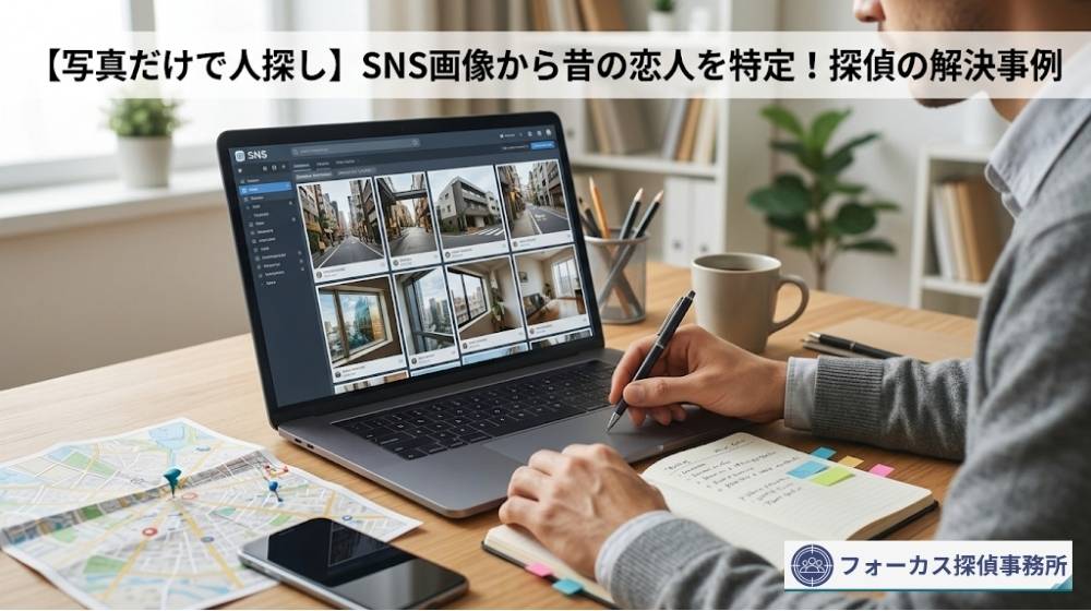 SNSに投稿された複数の写真を見ながら人探しの手がかりを整理している調査イメージ
