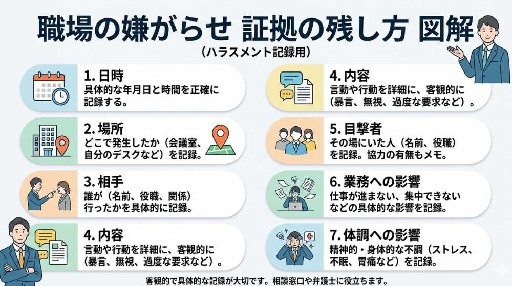 職場の嫌がらせで残すべき証拠のチェック項目図解