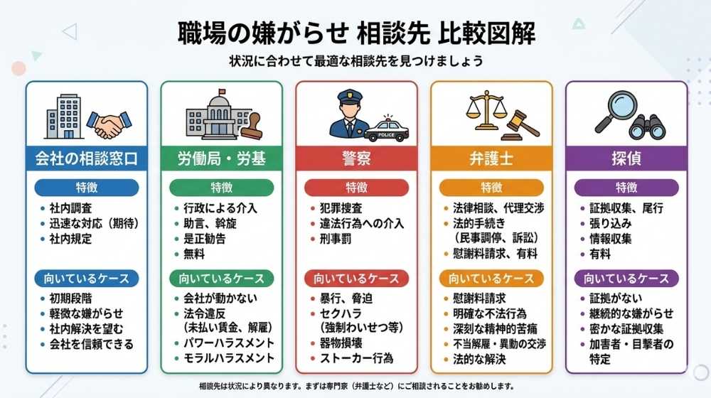 職場の嫌がらせの相談先の使い分けを示した図解