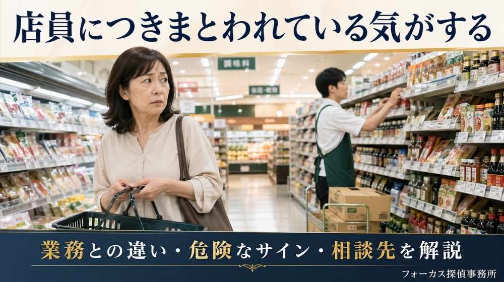 スーパーで店員につきまとわれている気がして不安を感じる女性のイメージ