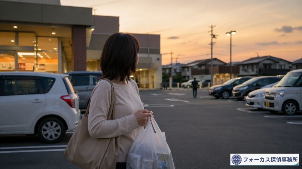 スーパーの駐車場で周囲を警戒する女性のイメージ