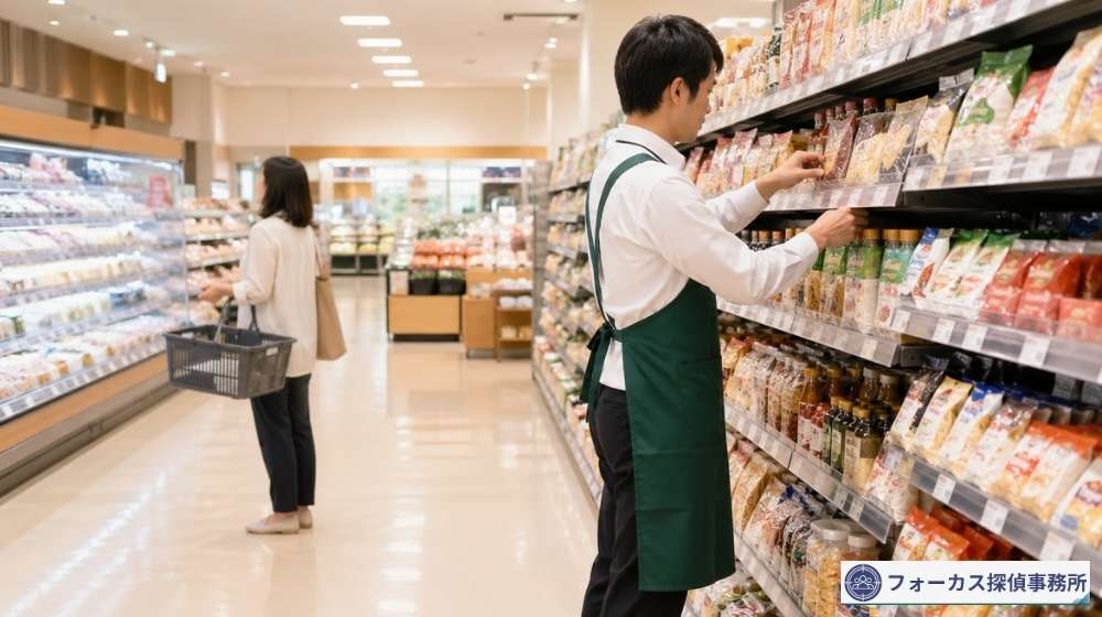 スーパー店内で店員が商品補充をしている様子