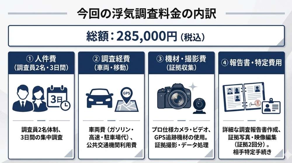 今回の浮気調査で実際にかかった料金と調査内容の図解