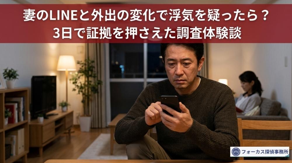 妻の行動変化に違和感を抱き、スマートフォンを見ながら悩む男性のイメージ