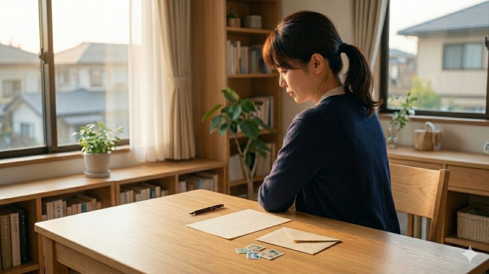 夕暮れの落ち着いた室内で、机の上の便箋と封筒を前に、再会したい相手を思いながら座る女性の後ろ姿