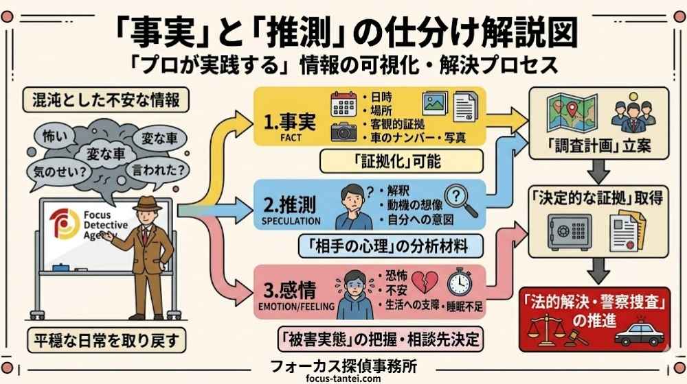 やりすぎ防犯パトロール被害の状況整理プロセス図（探偵による事実・推測・感情の仕分け）