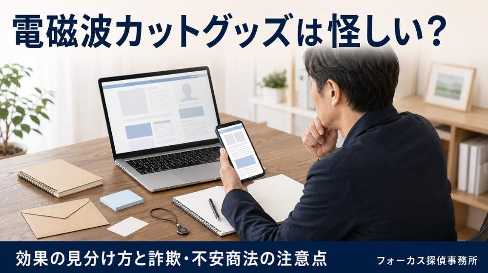 電磁波カットグッズは怪しいのか、広告や商品情報を確認する人物のイメージ