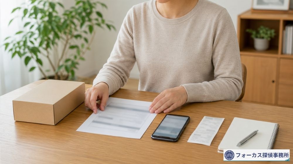 購入した商品や領収書、メールを整理して証拠を残すイメージ