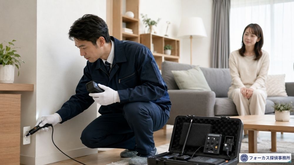 探偵事務所の調査員が専門機材で盗聴器の有無を確認している様子
