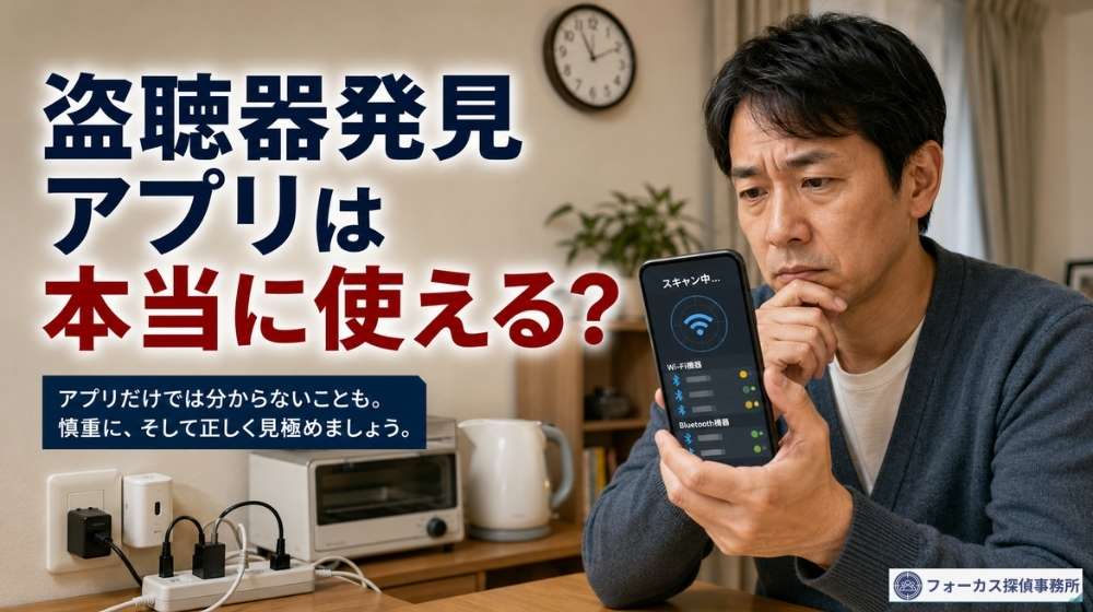 スマートフォンの盗聴器発見アプリを確認しながら不安を感じている日本人のイラスト