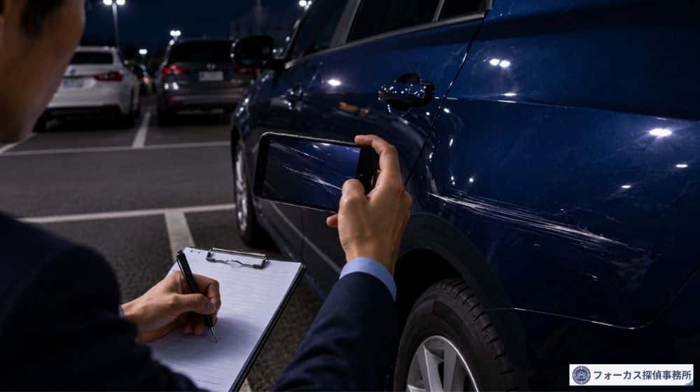 車の傷をスマホで撮影して証拠を残す様子