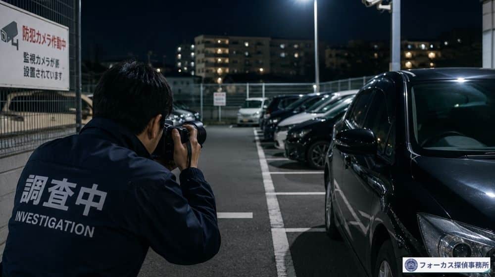 車への嫌がらせ調査で夜の駐車場を確認する探偵