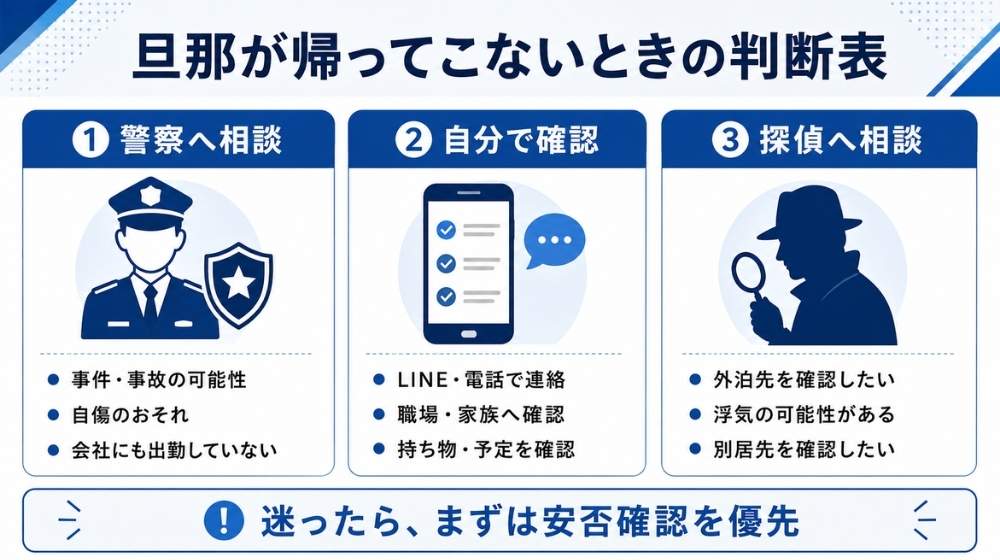 旦那が帰ってこないときに警察・自力確認・探偵相談を判断する表
