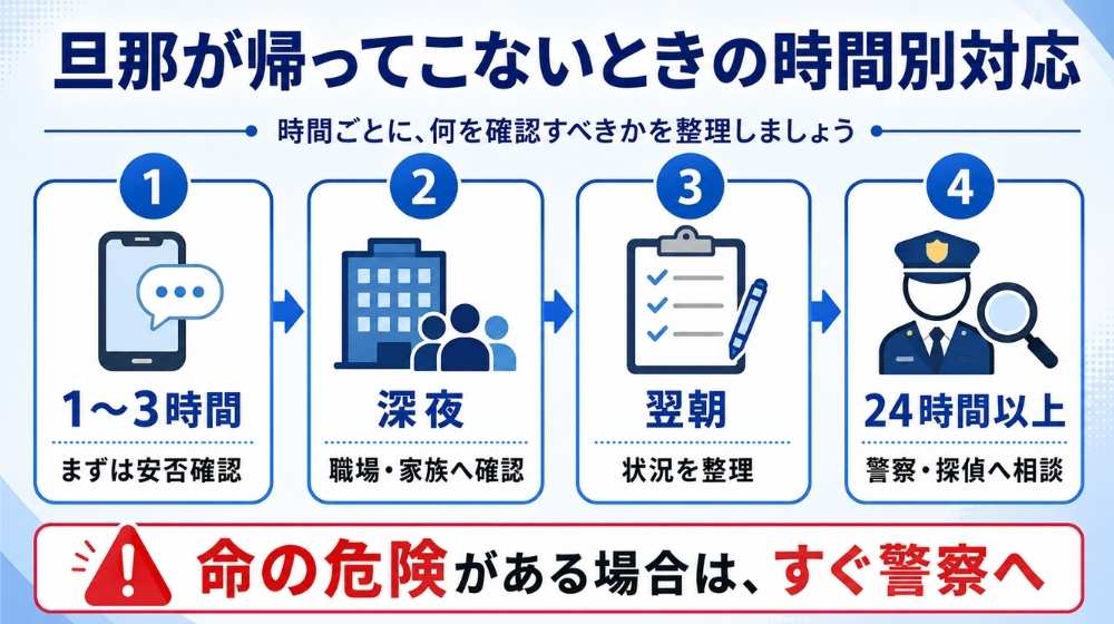 旦那が帰ってこないときの時間別対応を示した図解