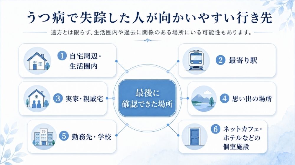 うつ病で失踪した人が向かいやすい行き先候補の図解