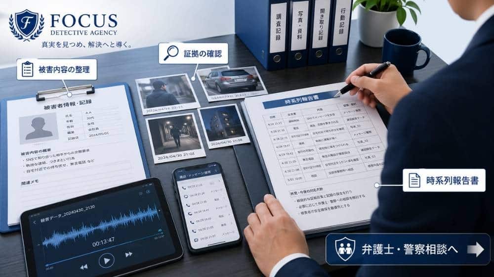 フォーカス探偵事務所が証拠整理と報告書作成を行うイメージ