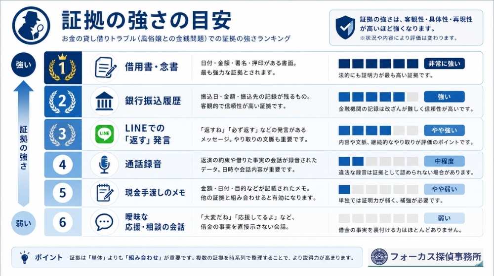 風俗嬢との金銭トラブルで証拠の強さを比較した図解