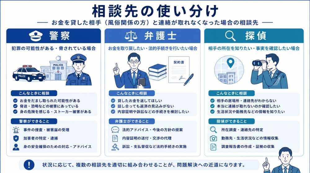 風俗嬢との金銭トラブルで警察・弁護士・探偵の相談先を比較した図解