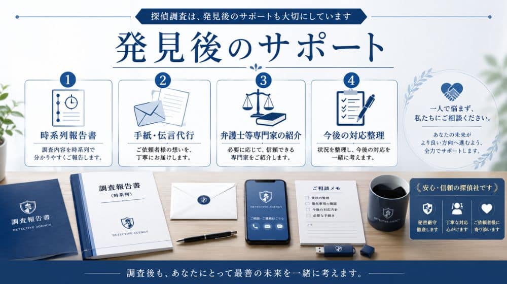 人探し調査後の報告書作成や手紙代行などのサポート図解