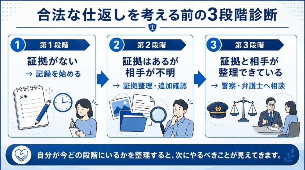 合法な仕返しを考える前の3段階診断の図解