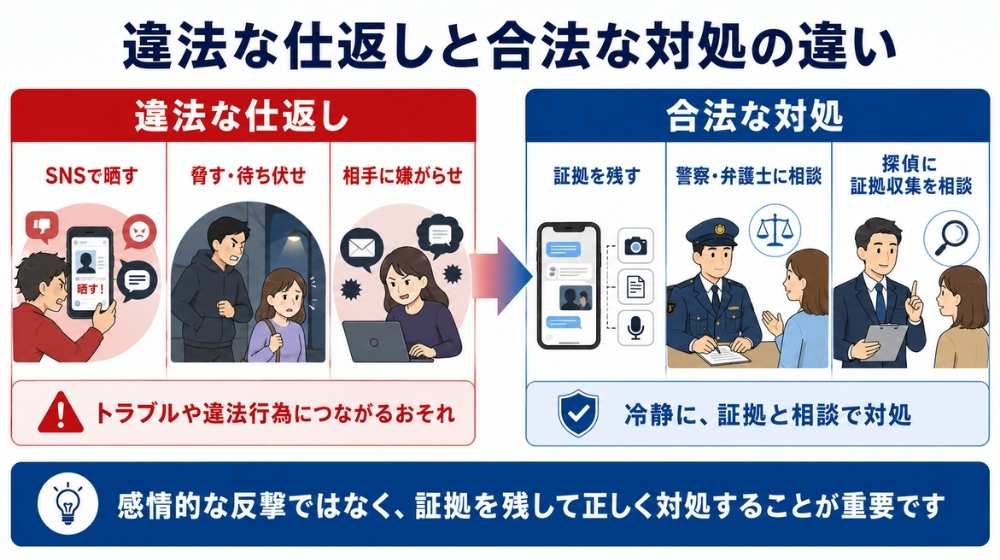 違法な仕返しと合法な対処の違いを示した図解