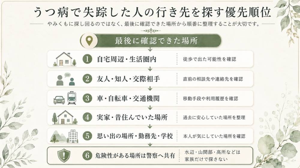 うつ病で失踪した人の行き先を探す優先順位