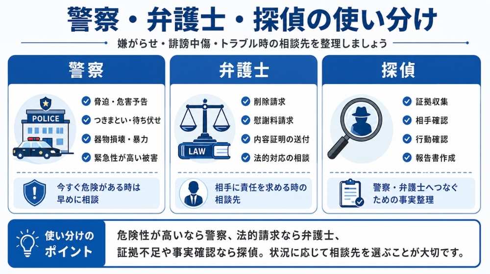 警察・弁護士・探偵の使い分けを説明する図解