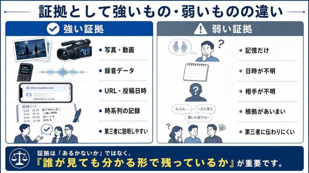 証拠として強いものと弱いものの違いを示した図解
