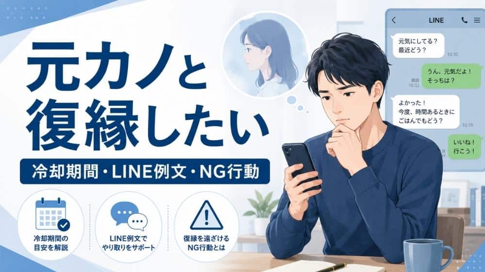 元カノと復縁したい男性が連絡前にスマートフォンを見て悩んでいるイメージ