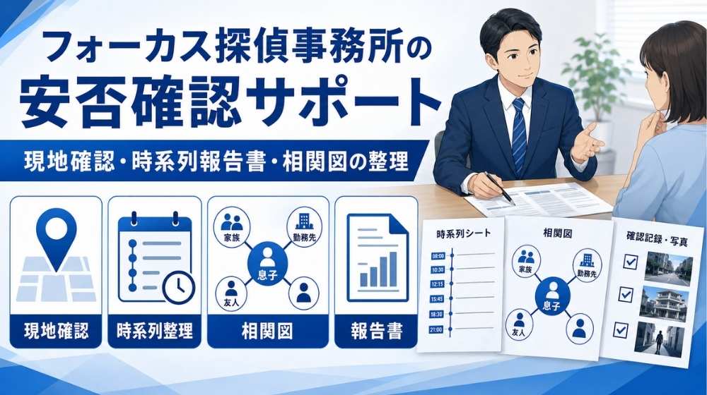 フォーカス探偵事務所が安否確認の報告書と相関図を作成するイメージ