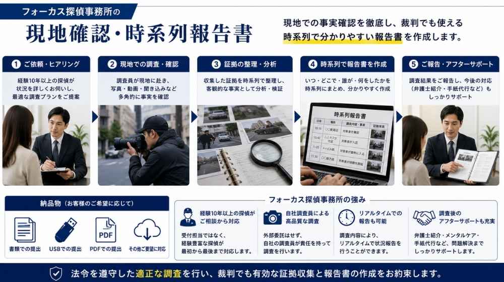 フォーカス探偵事務所がつきまとい被害の現地確認と時系列報告書を作成するイメージ