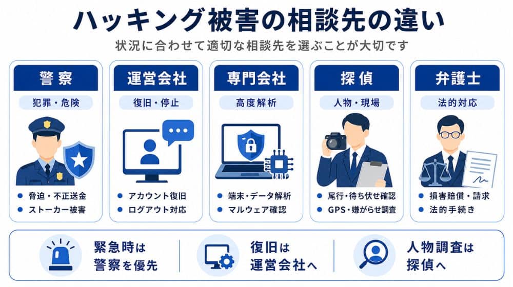 ハッキング被害の相談先と役割の違い