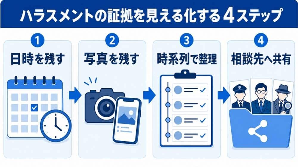足のつかない嫌がらせを日時や場所の記録で見える化する流れ
