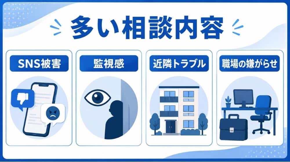 SNSや近隣トラブルなど足のつかない嫌がらせで多い相談内容