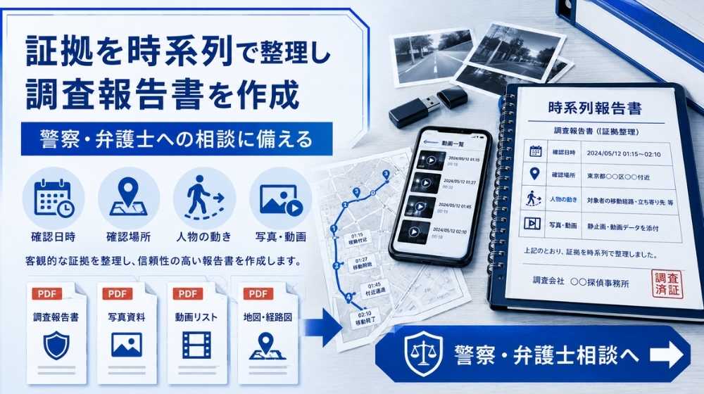 不法侵入の証拠を時系列報告書に整理するイメージ