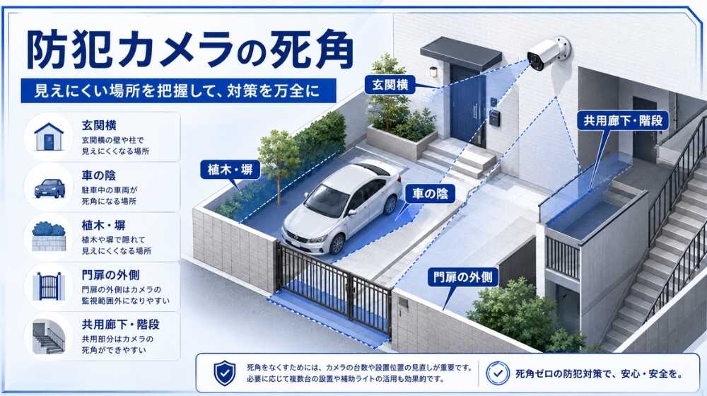 不法侵入の証拠が残りにくい防犯カメラの死角図