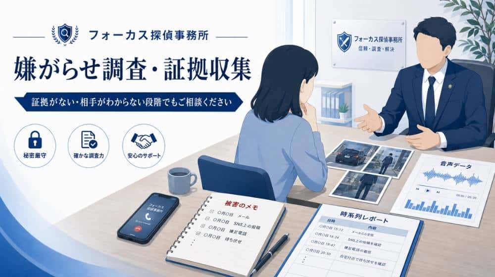 嫌がらせ調査と証拠収集の相談を受ける探偵事務所のイメージ