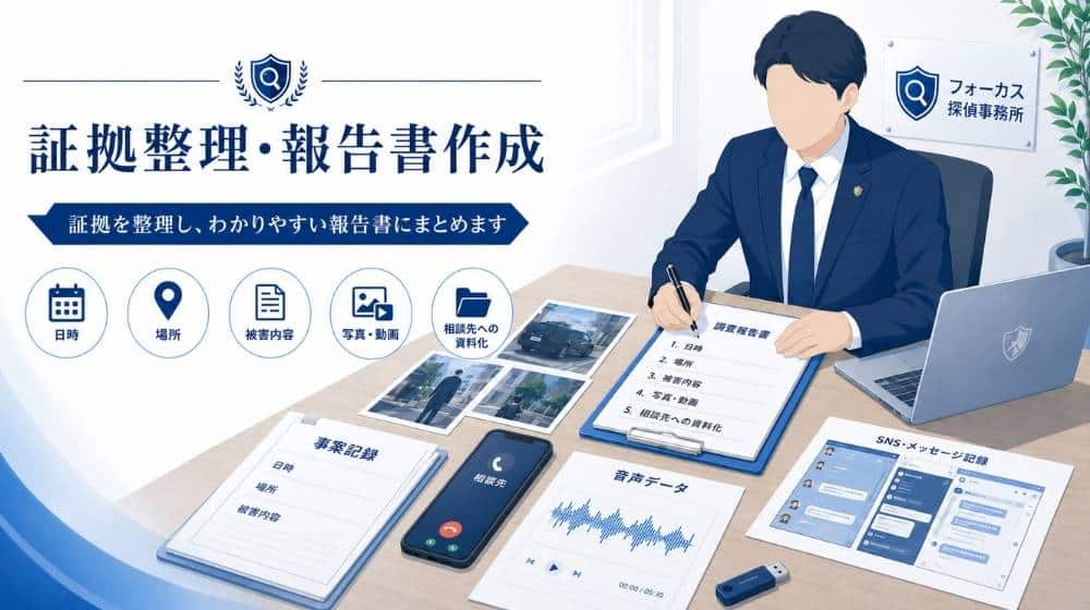 嫌がらせ被害の証拠整理と報告書作成のイメージ