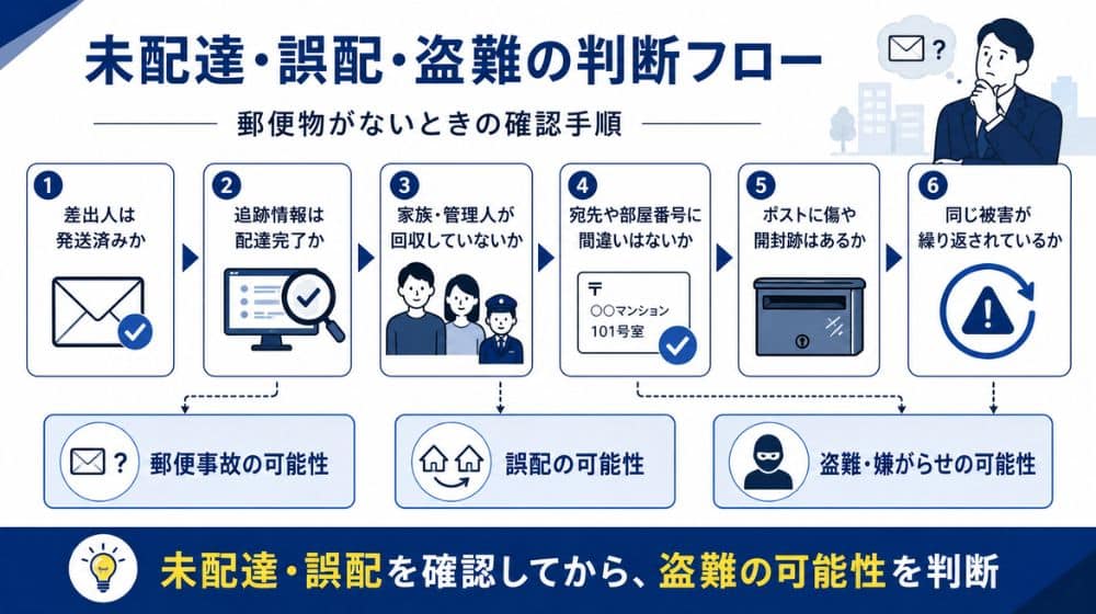 郵便物の未配達・誤配・盗難を判断する確認フロー