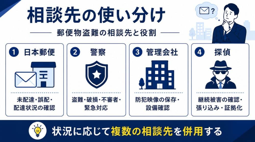 郵便物盗難における日本郵便・警察・管理会社・探偵の役割