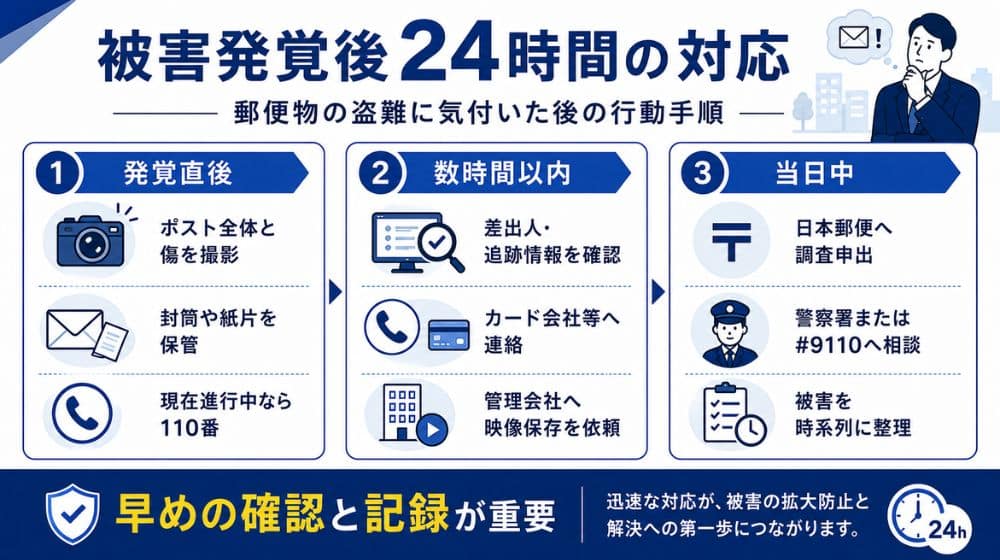 郵便物盗難に気付いてから24時間以内に行う対応